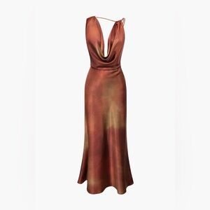 Tie Dye Asymmetric Cowl Neck Satin Maxi Dress